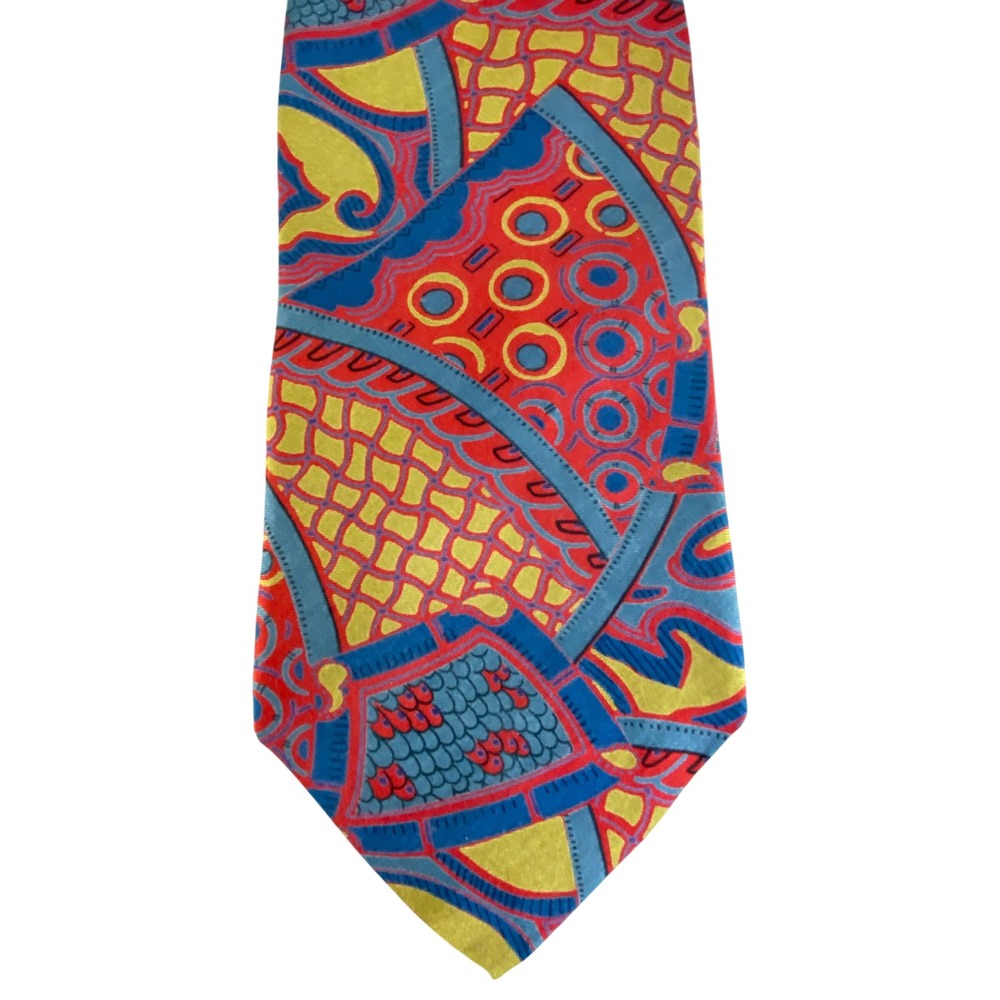VTG Nottingham Silk Tie Mens Abstract Geometric Art Red Blue Yellow Silk 56x4